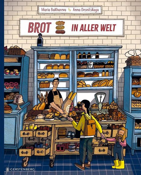 "Brot in aller Welt" steht über einem Regal voller Brote in einer Bäckerei. Ein Verkäufer reicht einer Kundin Brot. Ein Kind mit gelben Stiefeln isst ein Brötchen.
