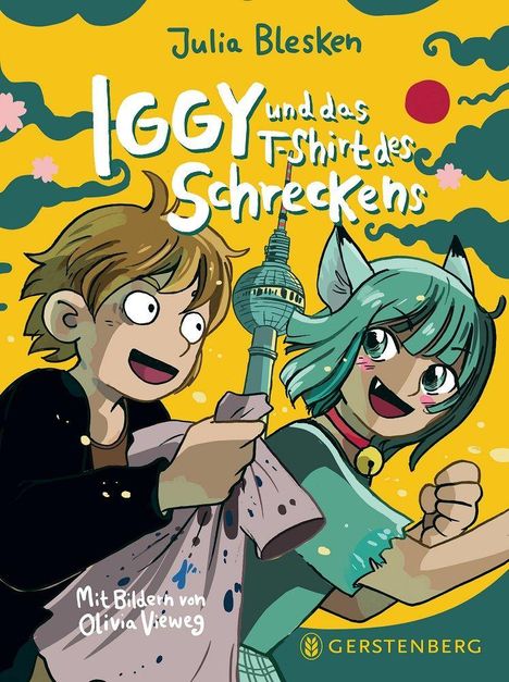 Titel: "IGGY und das T-Shirt des Schreckens", Autor: Julia Blesken, illustriert von Olivia Vieweg. Stil: bunte Comic-Illustration.