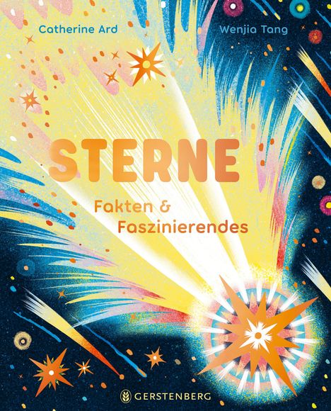 Text: "STERNE Fakten & Faszinierendes." Farbenfrohe Illustration eines explodierenden Sterns mit Strahlen und funkelnden Elementen.