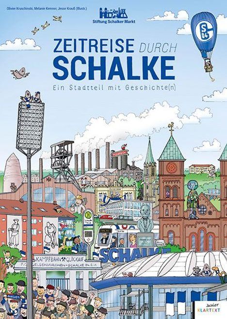 „ZEITREISE DURCH SCHALKE: Ein Stadtteil mit Geschichte(n)“. Illustration von Stadtszene mit Fußballfans und Wahrzeichen.