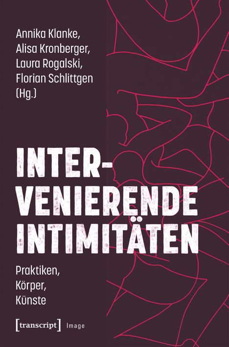 Texte: Annika Klanke, Alisa Kronberger, Laura Rogalski, Florian Schlittgen (Hg.), INTERVENIERENDE INTIMITÄTEN. Praktiken, Körper, Künste. Hintergrund: Abstrakte Linien, dunkelviolett.
