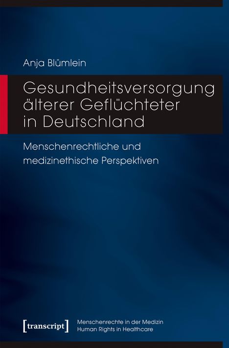 Gesundheitsversorgung älterer Geflüchteter, menschenrechtliche Perspektiven. Blau mit rotem Balken, Name: Anja Blümlein.