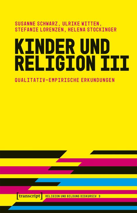 "KINDER UND RELIGION III" in großen Buchstaben, gelber Hintergrund mit bunten Streifen am unteren Rand.
