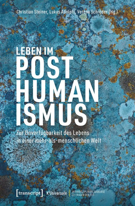 Titel: "Leben im Posthumanismus". Hintergrund: abstrakte blau-orange Textur, wie verwitterter Stein.