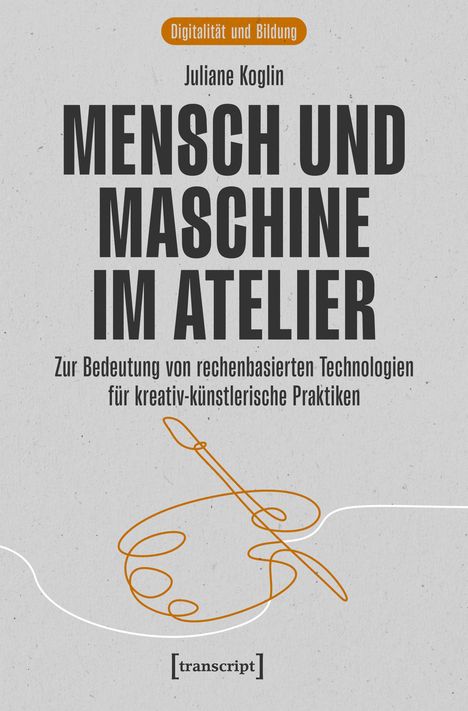Titel: Mensch und Maschine im Atelier. Thema: Rechenbasierte Technologien. Illustration: Pinsel und Palette gezeichnet.