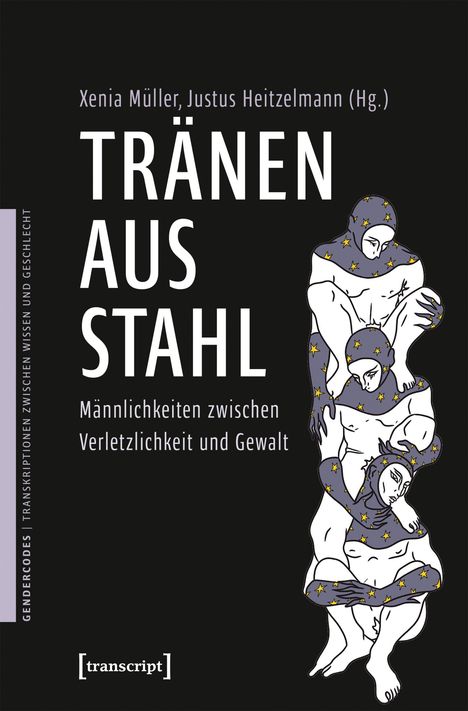 „TRÄNEN AUS STAHL. Männlichkeiten zwischen Verletzlichkeit und Gewalt.“ Gezeichnete Figuren in blauen Sternenanzügen.