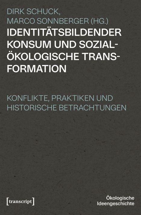 Text auf grauem Hintergrund: „Identitätsbildender Konsum und sozial-ökologische Transformation“. Herausgeber und Verlag unten.