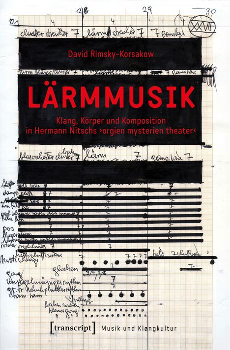 "LÄRMMUSIK" in großen roten Buchstaben. Skizzenhafte Notationen und handgeschriebene Notizen auf Millimeterpapier.