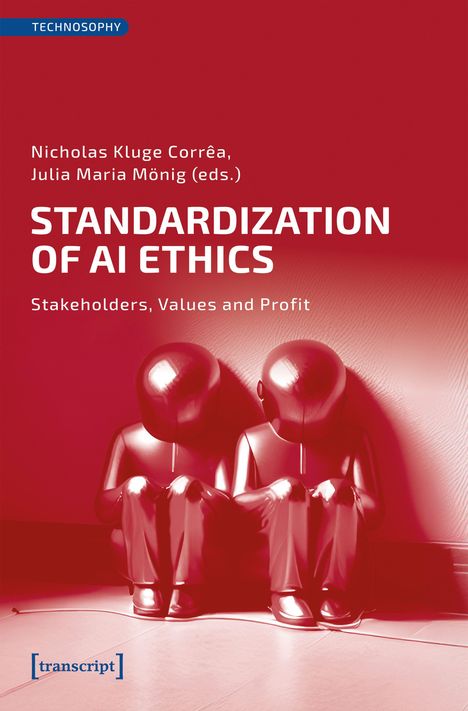 Titel: "Standardization of AI Ethics: Stakeholders, Values and Profit". Zwei Figuren sitzen nebeneinander.