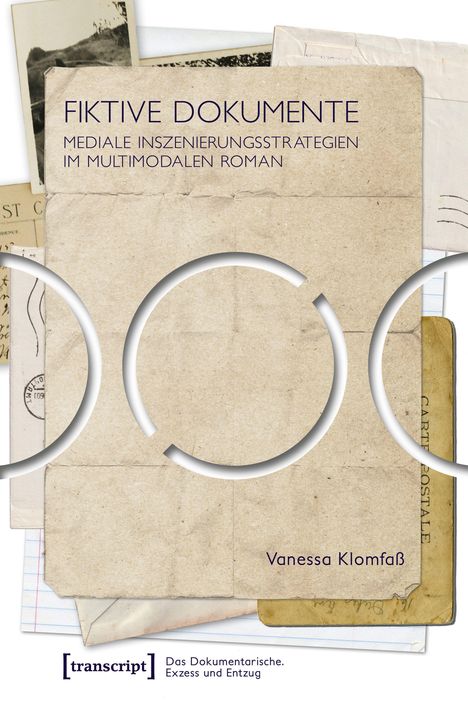 Buchtitel "Fiktive Dokumente", Autorin Vanessa Klomfaß. Papierähnlicher Hintergrund mit überlappenden Papieren.