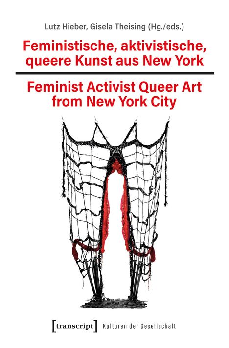 Titel: Feministische, aktivistische, queere Kunst aus New York. Illustration: Gehäkeltes Netz mit roten Akzenten.