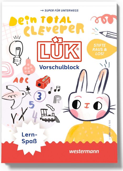 „Dein total cleverer LÜK Vorschulblock. Stifte raus & los!“ Bunte Zeichnungen: Hase, Birne, Zug, Noten, Zahlen.