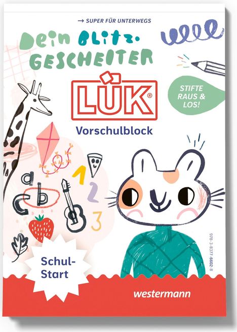 Eine bunte Illustration mit dem Text: "Dein blitzgescheiter LÜK Vorschulblock" und "Stifte raus & los!".