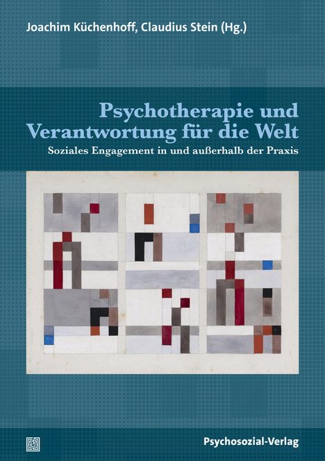 Buchtitel: "Psychotherapie und Verantwortung für die Welt". Abstrakte Kunst mit geometrischen Formen in Grau und Rot.