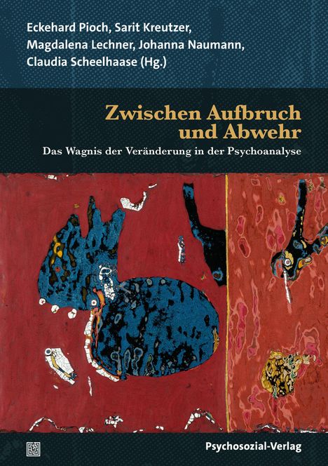 Titel: "Zwischen Aufbruch und Abwehr" – Abstrakte Illustration in Rot, Blau und Schwarz.