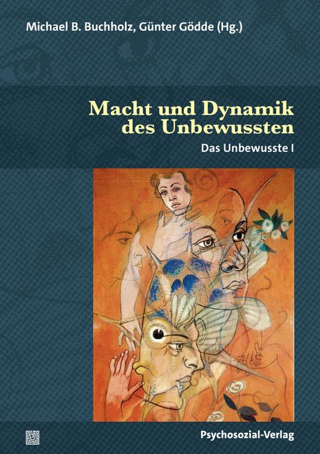 „Macht und Dynamik des Unbewussten“, Illustration mit Gesichtern, Fischen und Blumen, blau-oranger Hintergrund.