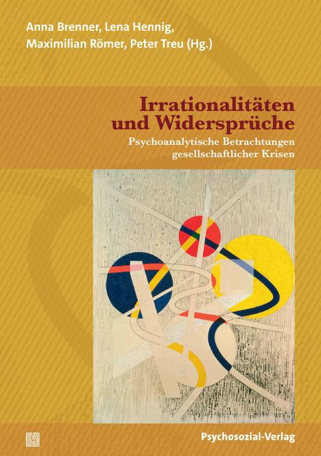 "Irrationalitäten und Widersprüche" mit buntem, abstraktem Kunstwerk. Beige und gelbe Farbtöne dominieren den Hintergrund.