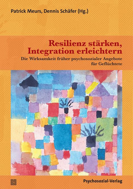 "Resilienz stärken, Integration erleichtern. Bunte, abstrakte Illustration mit farbigen Rechtecken auf orangefarbenem Hintergrund."