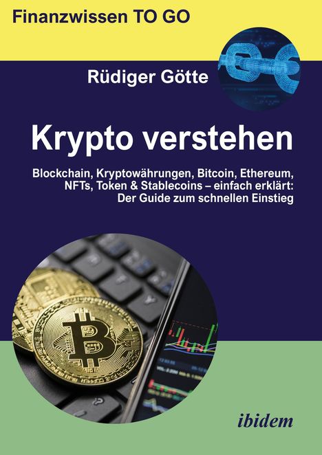 Titel: "Krypto verstehen". Untertitel: Blockchain, Kryptowährungen, Bitcoin, Ethereum… Abbildung einer Bitcoin-Münze.