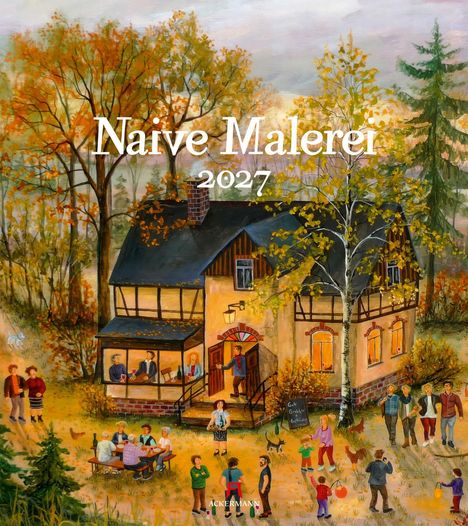 „Naive Malerei 2027“ steht auf einem herbstlichen Gemälde mit einem Haus und Menschen im Freien.