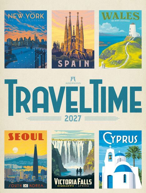 "TRAVELTIME 2027" in großen Buchstaben. Illustrationen von New York, Spanien, Wales, Seoul, Victoria Falls und Zypern.