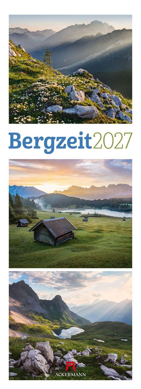 "Bergzeit 2027." Drei Landschaftsbilder mit Bergen und Wiesen sowie ein rotes Logo mit der Aufschrift "ACKERMANN".