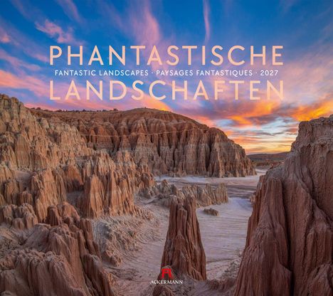Text: "PHANTASTISCHE LANDSCHAFTEN" und kleinere Texte in Englisch und Französisch. Landschaft mit felsigen Formationen bei Sonnenuntergang.