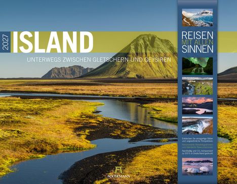 2027 ISLAND, UNTERWEGS ZWISCHEN GLETSCHERN UND GEYSIREN. Reisen mit allen Sinnen. Landschaft mit Bergen und Fluss.