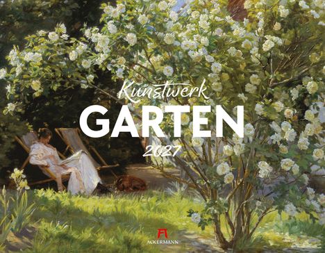 "Kunstwerk Gärten 2027" steht in großer Schrift. Eine Frau sitzt lesend im Garten, umgeben von blühenden Büschen.