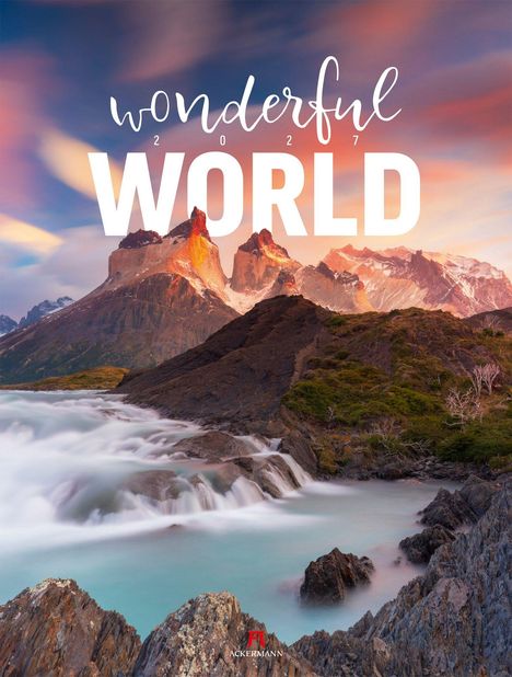 "Wonderful World 2027" in großer Schrift vor einer malerischen Berglandschaft mit Wasserfall und buntem Himmel.
