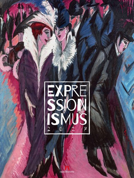 Text: "EXPRESSIONISMUS 2027". 

Illustration: Menschen in eleganter Kleidung, lebendige Farben.