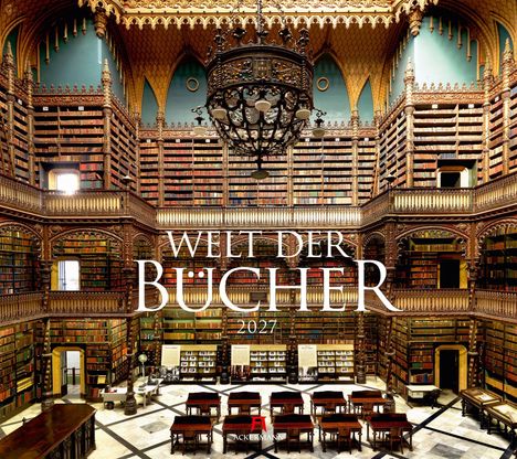 "WELT DER BÜCHER 2027" in einer prächtigen, historischen Bibliothek mit reich verzierten Bücherregalen und einem großen Kronleuchter.