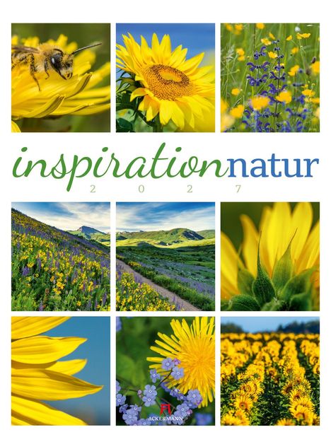 „inspiration natur 2027“. Verschiedene Blumenfotos: Biene, Sonnenblume, Berglandschaft, Wiesen mit Blumen. Logo unten.