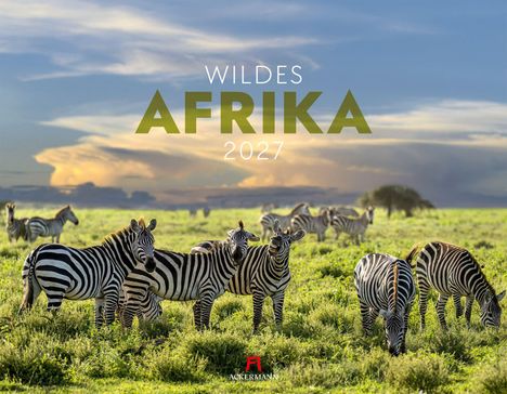 „WILDES AFRIKA 2027“ in der Mitte, Zebras auf einer grünen Ebene unter einem weiten Himmel im Hintergrund.