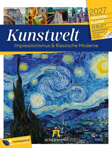 Kunstwelt 2027 Wochenplaner, Impressionismus & Klassische Moderne. Illustration von "Sternennacht" mit anderen Gemälden.