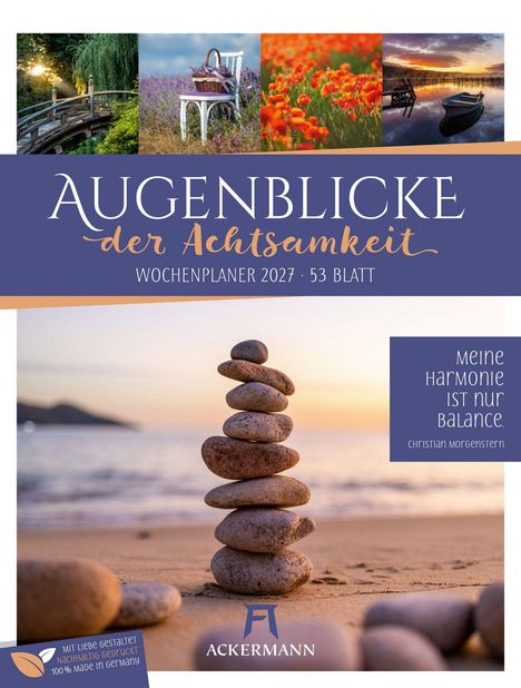 Text: "Augenblicke der Achtsamkeit. Wochenplaner 2027 · 53 Blatt. Meine Harmonie ist nur Balance. Christian Morgenstern." 
Steinbalance am Strand bei Sonnenuntergang.