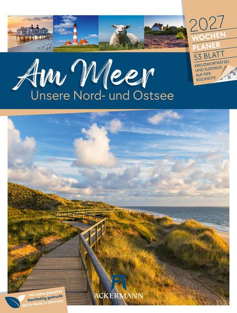 "Am Meer - Unsere Nord- und Ostsee" und "2027 Wochenplaner". Küstenlandschaft mit Holzsteg und Dünen am Meer.