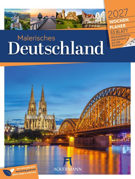 "Malerisches Deutschland", oben Bilder von Sehenswürdigkeiten, rechts "2027 Wochenplaner", unten Logo und Stadtansicht.