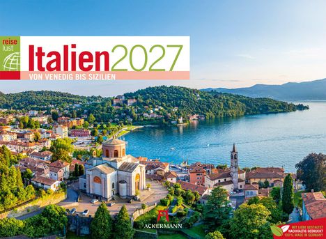 "reiselust Italien 2027 VON VENEDIG BIS SIZILIEN." Luftaufnahme einer italienischen Stadt am See mit grünen Hügeln.