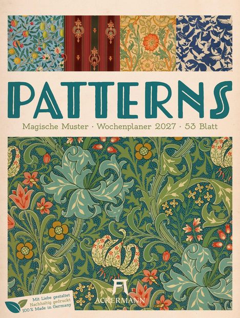 "Patterns. Magische Muster. Wochenplaner 2027. 53 Blatt" zeigt florale Designs und Vögel in verschiedenen Mustern.