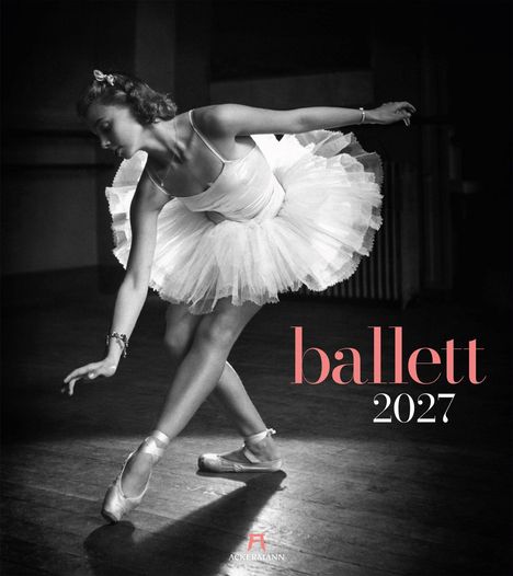 Text: "ballett 2027". Eine Ballerina in einem klassischen Tutu macht eine elegante Pose auf dem Parkettboden.