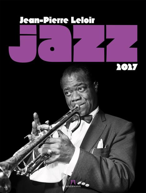 „Jean-Pierre Leloir JAZZ 2027“ in lila Buchstaben, Musiker mit Trompete, elegant gekleidet.