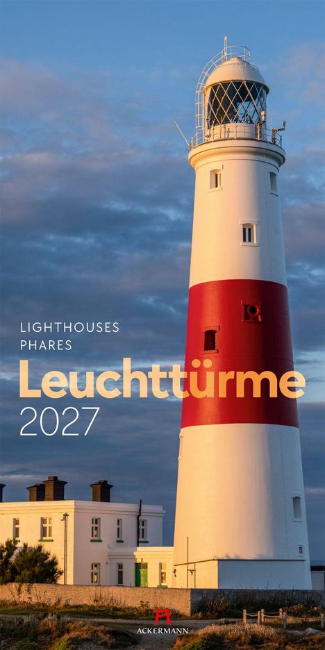 Der Text lautet "Lighthouses Phares Leuchttürme 2027". Ein Leuchtturm vor einem blau-grauen Himmel. Logo unten.