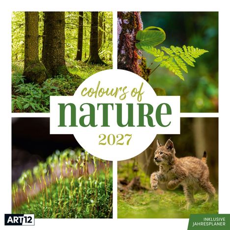 „Colours of Nature 2027“, „inklusive Jahresplaner“. Bilder: Wald, Farn, Moos, junges Tier im Sprung.
