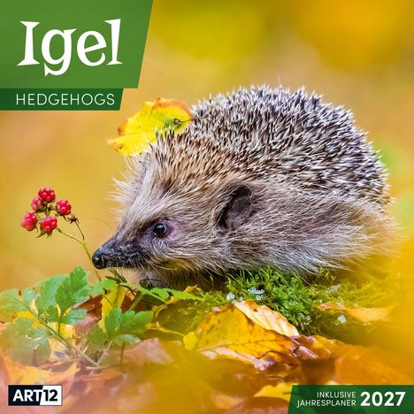 Text: "Igel", "Hedgehogs", "ART12", "Inklusive Jahresplaner 2027". Ein Igel in herbstlicher Landschaft mit gelben Blättern und Beeren.