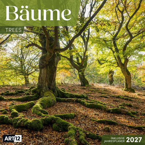 "Bäume" und "TREES" oben, "inklusive Jahresplaner 2027" unten. Alte Bäume mit moosbewachsenen Wurzeln im Wald.