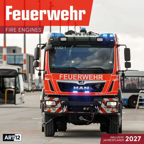 "Feuerwehr", "Fire Engines", "Inklusive Jahresplaner 2027" in roten und weißen Blöcken; ein rotes Feuerwehrauto frontal.