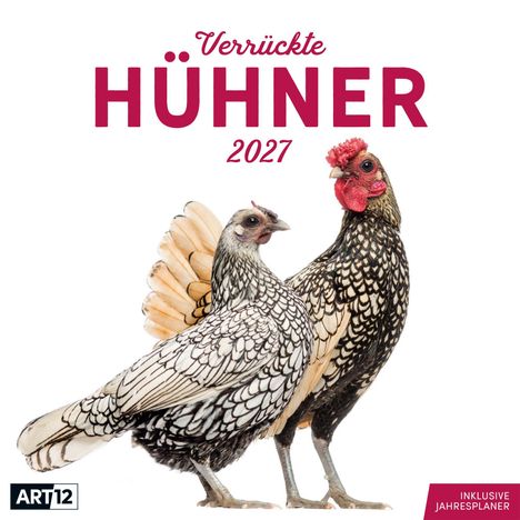"Verrückte Hühner 2027" in großen, roten Buchstaben. Zwei auffällig gemusterte Hühner nebeneinander.
