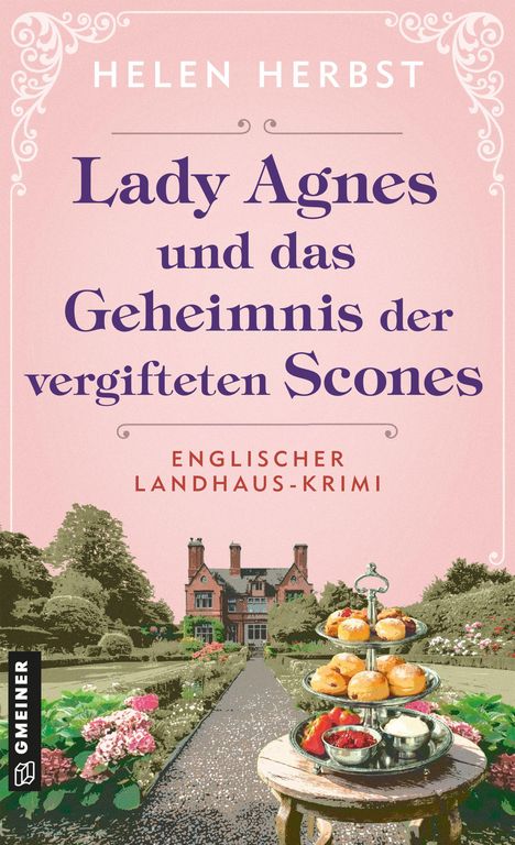 „Lady Agnes und das Geheimnis der vergifteten Scones“. Ein englisches Landhaus, ein Tisch mit Scones im Garten.