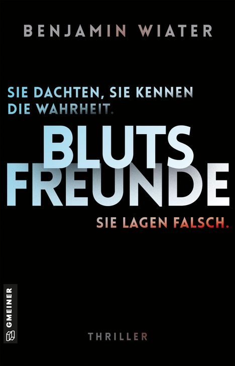 "Bluetöne dominieren, vor schwarzem Hintergrund steht: 'BLUTSFREUNDE.' Kleines Logo unten links."